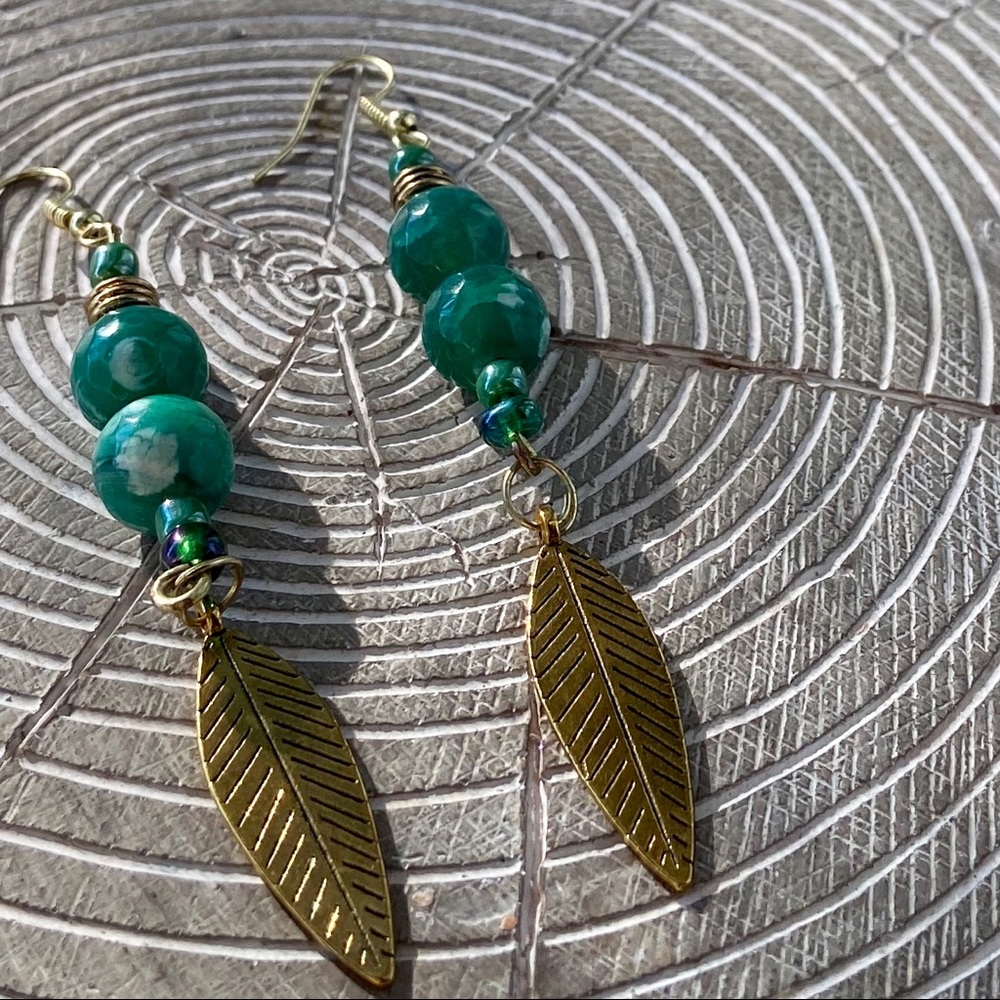 New Agate Green Beaded Earrings with Gold Feathers